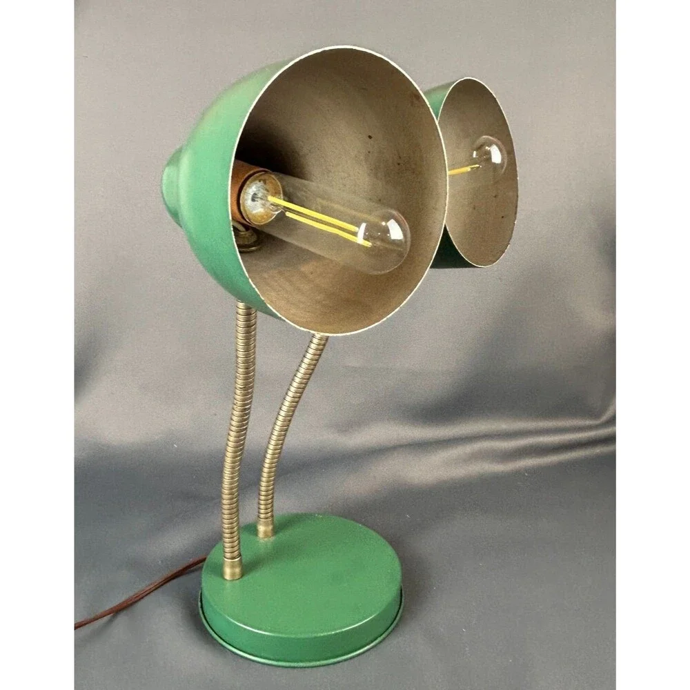 MCM Double Gooseneck Leviton Green Metal Desk Working Table Light Lamp